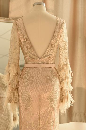 Champange Unique design Long sleeves V-back Prom Dress_5