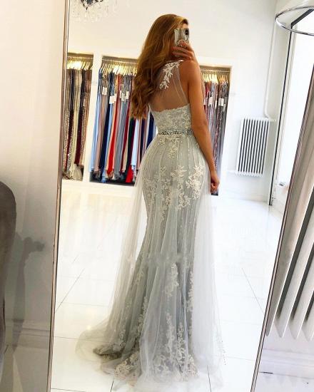 Charming Sleeveless Lace Mermaid Evening Dress with Side Split Tulle Train_2