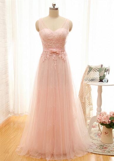 Süßes langes Ballkleid aus rosa Tüll mit Schleife und V-Ausschnitt, bodenlange Kleider für formelle Anlässe_2