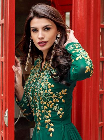 Emerald Green Sadi Arabia Long Chiffon Evening Dresses With Sleeves_2