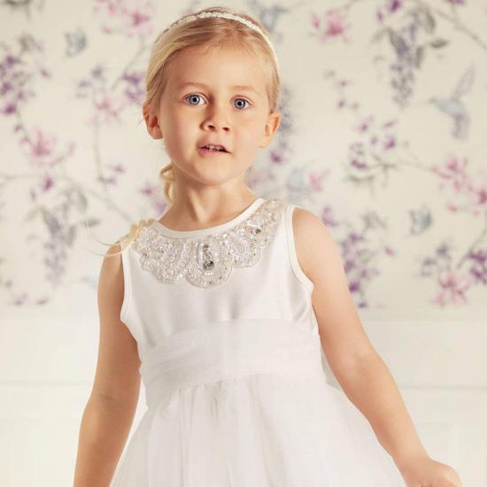 Simple White Beaded Tulle Flower Girl Dresses | Long Princess Little Girls Pageant Dresses_3
