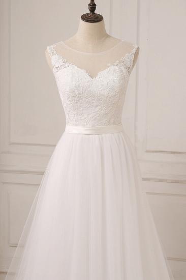 Glamouröses ärmelloses Juwelen-Hochzeitskleid aus Tüll | Weiße Brautkleider in A-Linie mit Applikationen_5
