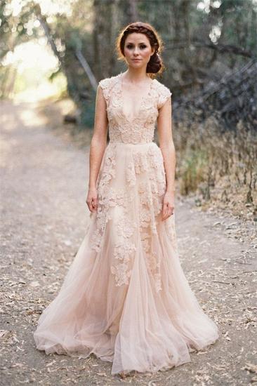 A-Line Sexy Deep V-Neck Tulle Long Wedding Dress Applique Cheap Popular Pink Bridal Gowns CJ0302_3