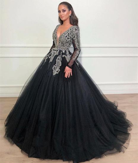 Black Ball Gown Deep V-Neck Long Sleeves Appliques Overskirt Evening Dresses_3