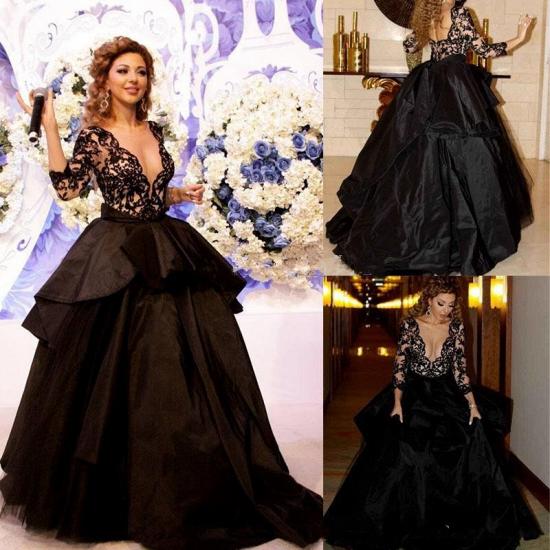 Black Sleeves Sexy Deep-V-Neck Tiered Open-Back Lace Prom Dress_3