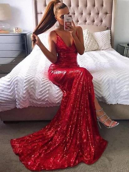 Red Shiny Sequins Sexy Evening Dresses 2022 |  Sleeveless Cheap Long Formal Party Dresses