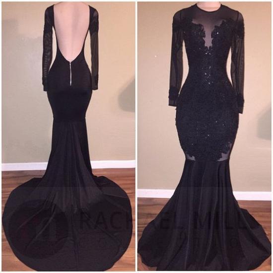 Sexy Mermaid Black Long-Sleeves Backless Appliques Prom Dress_3