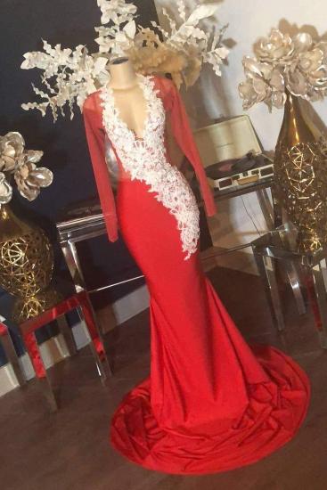 Spitze Appliques Langarm Illusion Ausschnitt Red Mermaid Prom Kleider
