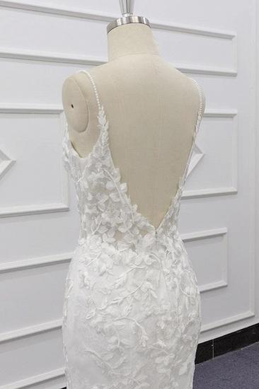 Schicke Spaghetti-Träger Ärmelloses Meerjungfrau-Hochzeitskleid | Brautkleider aus weißer Spitze mit Applikationen_8
