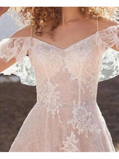 Beach A-Line Wedding Dress Spaghetti Strap Lace Tulle Short Sleeve Sexy See-Through Bridal Gowns_3
