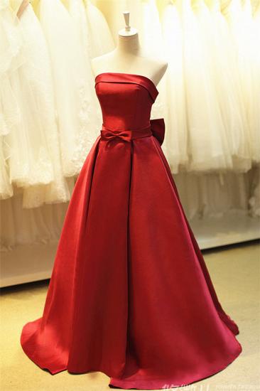 Elegant Strapless Red Satin Long Prom Dresses for Juniors Affordable Fitted Simple Lace-up Evening Dreses with Bowknot B