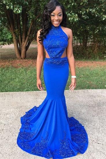 2022 Gorgeous Halter Royal Blue Mermaid Prom Dresses Beading Evening Gowns