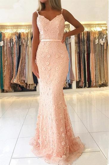 Elegant Pink Sheath Long Evening Dresses | 2022 Spaghetti Straps Flowers Sleeveless Evening Gowns_3