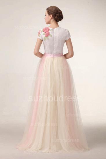 Short Sleeve Sequins Prom Dress Colorful Tulle Long Cheap Evening Dress with Flowers_4