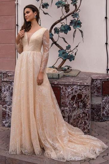 Elegant Long Sleeves V-Neck Floor Length Shinny Tulle Wedding Dress