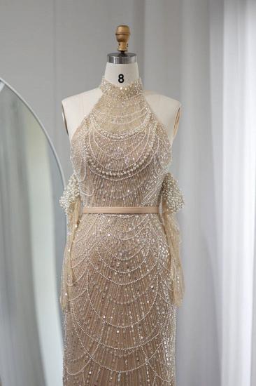 Luxus Neckholder Pailletten Perlen Meerjungfrau Abendkleider Champagner Langes Partykleid für Hochzeit_3