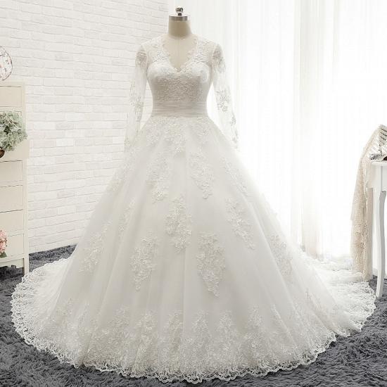 TsClothzone Modest Longsleeves V-neck Lace Wedding Dresses White Tulle A-line Bridal Gowns With Appliques Online_6