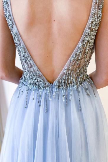 Side slit beaded tulle open-back ruffled Prom Dress｜A-line deep V-neck floor-length evening gown_2