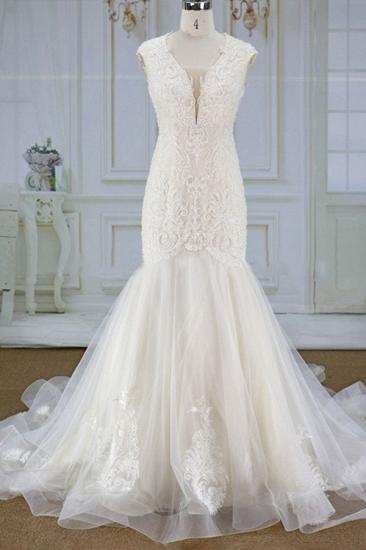 Elegant Mermaid Appliques Straps Wedding Dress | Sleeveless Champagne Tulle Bridal Gowns_1