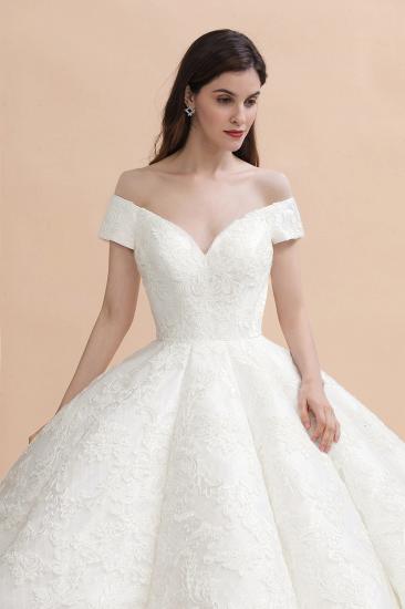 Off Shoulder Floor Length Bridal Gowns Lace Appliques Chapel Train Wedding Dress_3