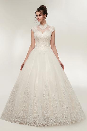 YOLANDE | A-line High Neck Short Sleeves Long Lace Appliques Wedding Dresses with Lace-up_3