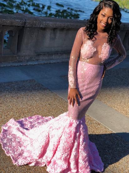 Long Sleeve See Through Beads Pink Prom Dresses | 2022 Sexy Flowers Mermaid Shiny Evening Gown