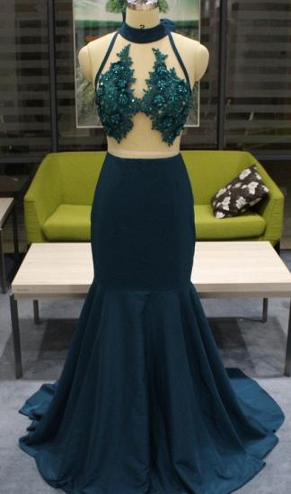 Sexy Mermaid High Neck Sheer Sleeveless Lace Appliques Zipper Prom Dresses |  Bow Neck Open Back Sweep Train Gowns_2
