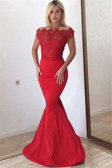 Red Lace Mermaid Prom Dresses Online | 2022 Off Shoulder Floor Length Evening Dress