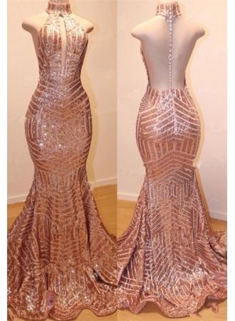 Shiny High Neck Sleeveless Sequins Mermaid Prom Dresses_2