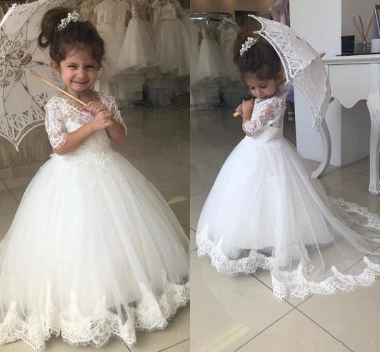 Cute Half Sleeves Lace Flower Girl Dresses | Tulle Ball Gown Wedding Party Dresses_3