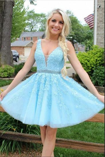 Cute Sky Blue Floral Lace V-Neck Short Homecoming Dress Sleeveless Party Dress_3