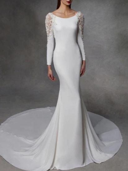 Sexy Backless Mermaid Wedding Dress Jewel Stretch Satin Lace Long Sleeve Simple Bridal Gowns Court Train