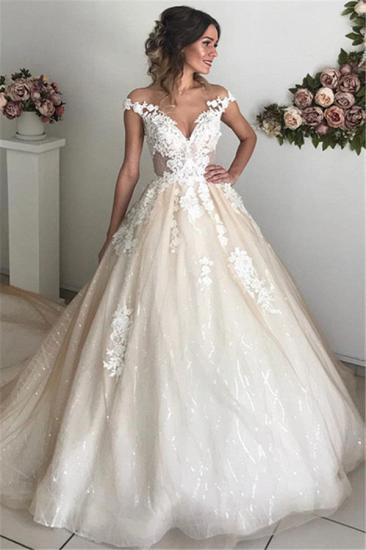 Glamouröse schulterfreie Spitzenapplikationen Brautkleider | 2022 Elfenbein Brautkleider mit Knöpfen