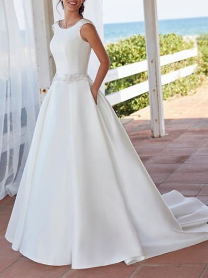 Simple A-Line Wedding Dress Jewel Satin Sleeveless Bridal Gowns Sweep Train