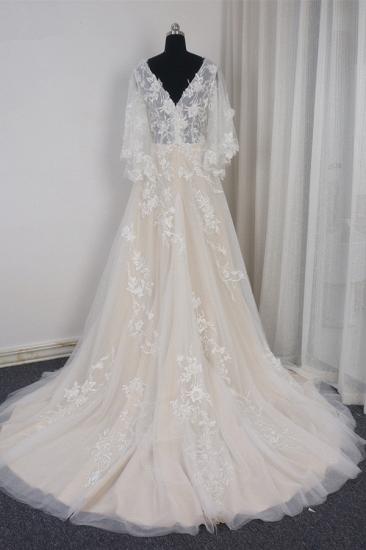 TsClothzone Stilvolles Brautkleid mit langen Ärmeln und V-Ausschnitt aus Tüll in A-Linie mit Applikationen und Rüschen Online_3