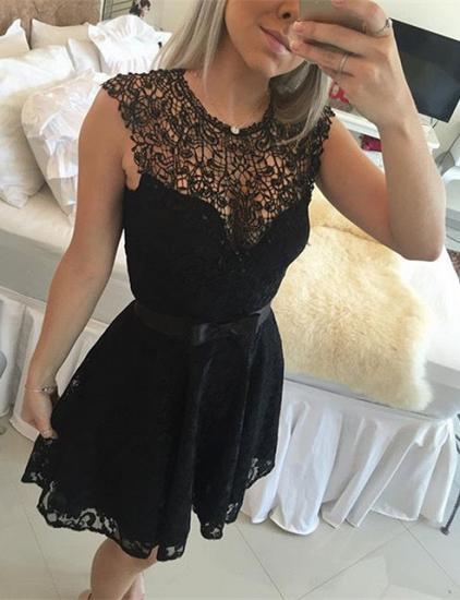 New Arrival Black Lace Homecoming Dress Sleeveless A-line Short Bowknot Cocktail Dress_3