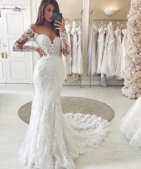 Charming Lace Appliques Mermaid Wedding Gown Long Sleeve Sweetheart Bridal Dress_2