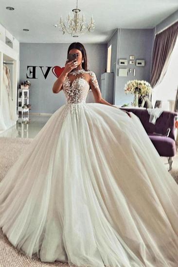 Vintage Juwel Long Sleeve Lace A Line Tulle Wedding Dresses_2