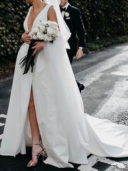 Chic Deep V Neck Satin White Sleeveless Zipper A-Line Wedding Dresses_2
