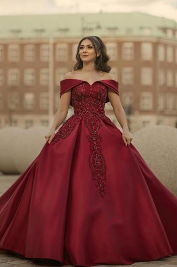 Burgundy Off Shoulder A Line Satin Wedding Dresses Bridal Gowns With Lace_1