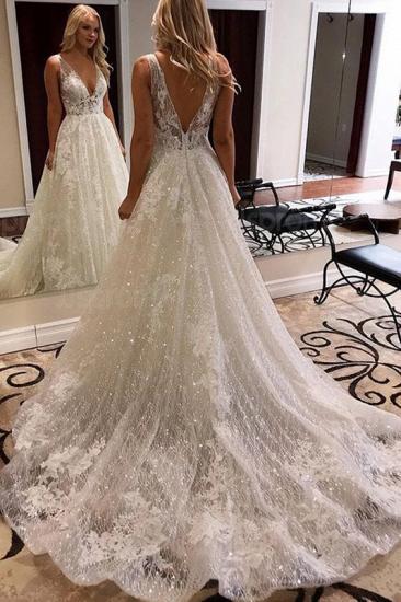 Aparking V-Neck Lace Appliques Wedding Dresses | Sexy A-line Backless Straps Bridal Gowns_2