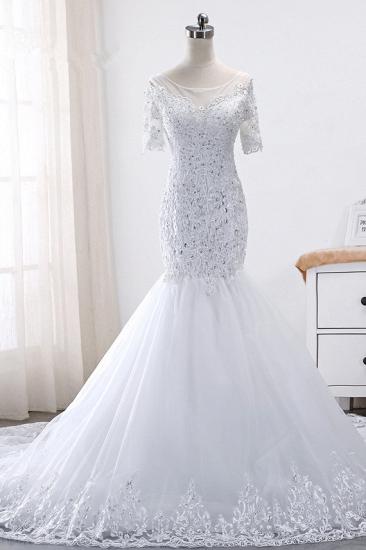 TsClothzone Glamorous Jewel Tulle Lace Wedding Dress Mermaid Short Sleeves Beading Bridal Gowns Online_1