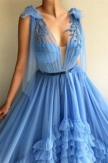 Sexy Tulle Deep V Neck Blue Prom Dress | Chic Sleeveless Layers Long Prom Dress with Sash_2
