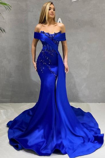 Trendy Off the shoulder royal blue long sleeves prom dress_1
