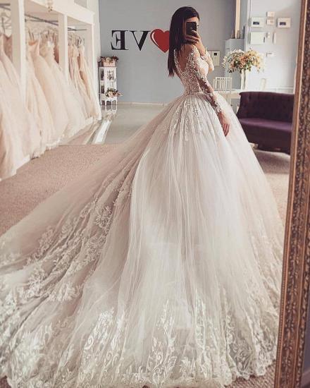 Gorgeous Long Sleeves Ball Gown Floral Lace Tulle Aline Bridal Gown_2