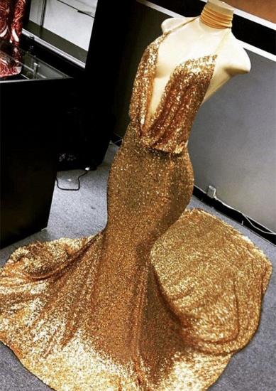 Gold Sparkly Sequined Deep Flow Neck Prom Dress | Halter V-neck Mermaid Evening Dress_2