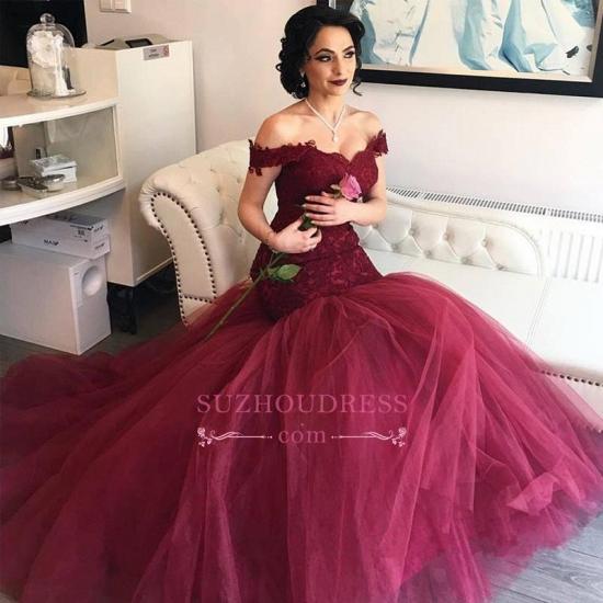 Off The Shoulder Burgundy Lace Evening Gowns Tulle Mermaid 2022 Prom Dresses_2