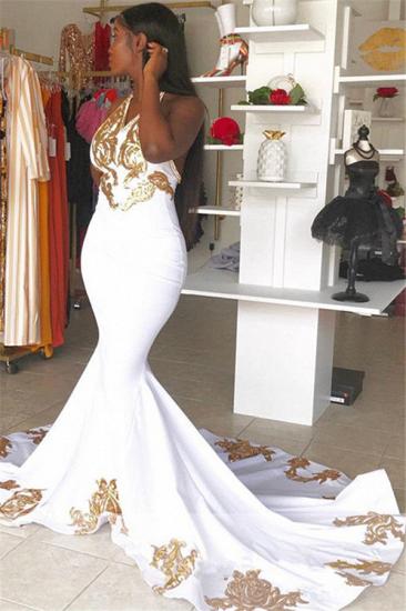 Halter V-Neck Sleeveless Gold Appliques Prom Dress_2