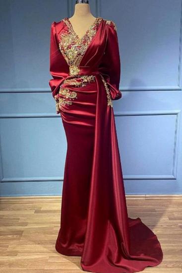 Elegant Long Red Evening Dress with Sleeves | V Neck Crystal Prom Dress_1
