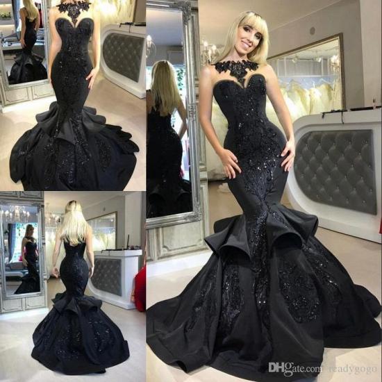 Sexy Black Mermaid Prom Dress Long Sequins Ruffles Party Gowns_5